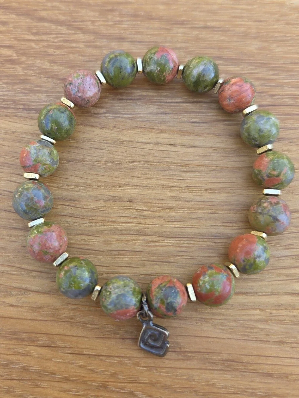 Green & Pink Unakite Beads Stretch Bracelet - Handcrafted